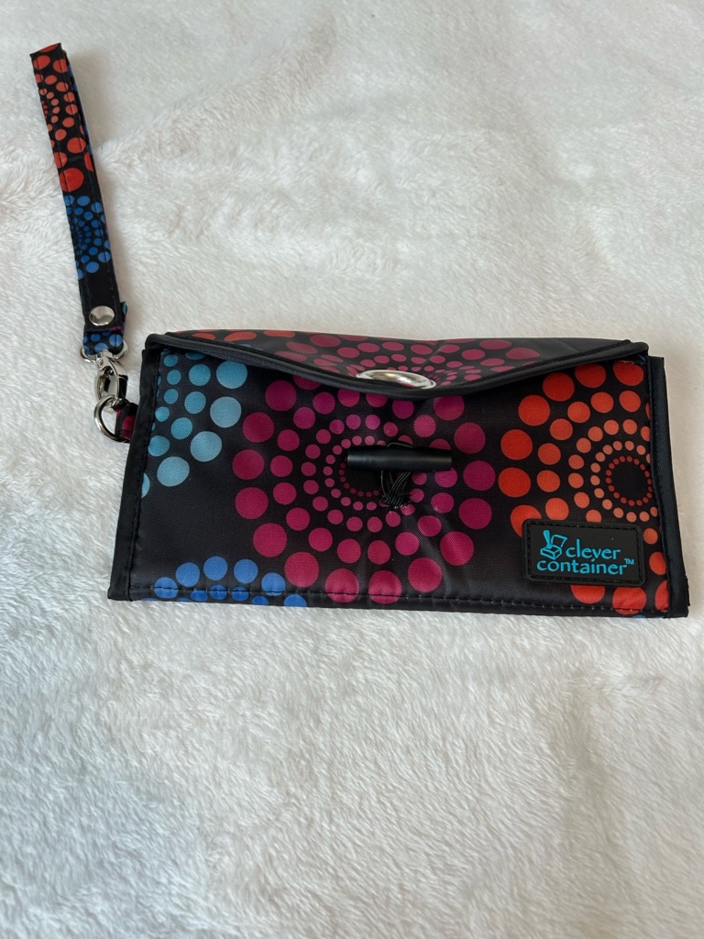 Clever Container Black Wristlet Clutch with Multicolor Dot Design